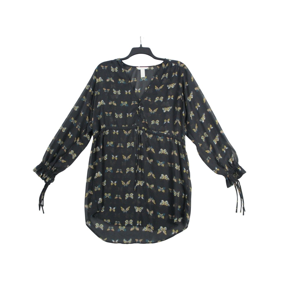 HM Conscious Butterfly Print Drawstring Tunic Top Black V-Neck Size 14